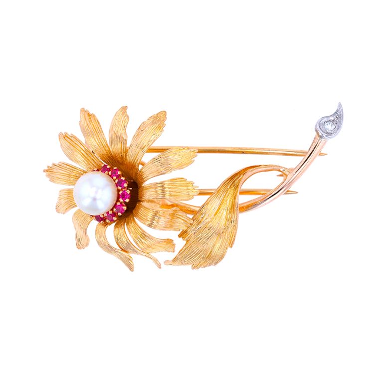 Broche fleur vintage diamant 0.03 carat et rubis 0.22 carat or jaune 13.74g Comme neuf -  reconditionné disponible sur Gemme Les Bijoux